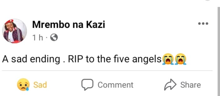 "A sad ending. RIP to the five angels" wrote MP Irene Njoki.